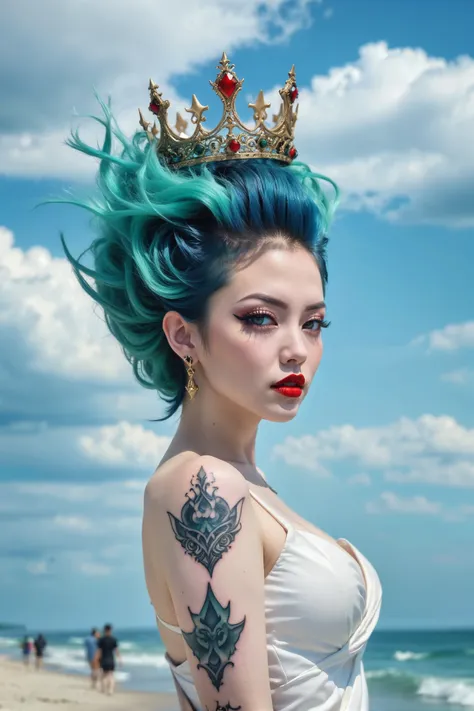 a woman with blue hair and a crown on her head