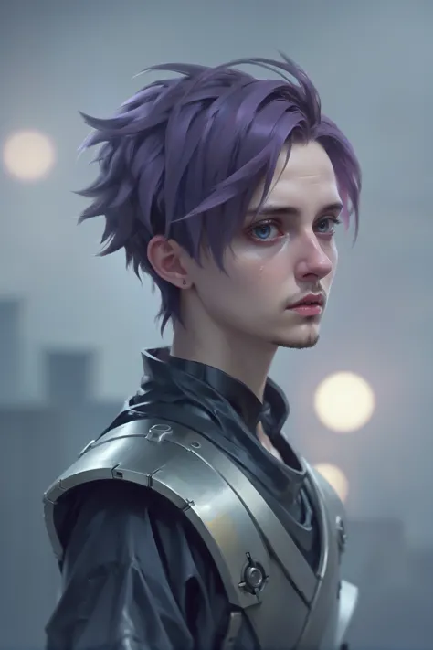 a man with purple hair and a leather jacket looks at the camera