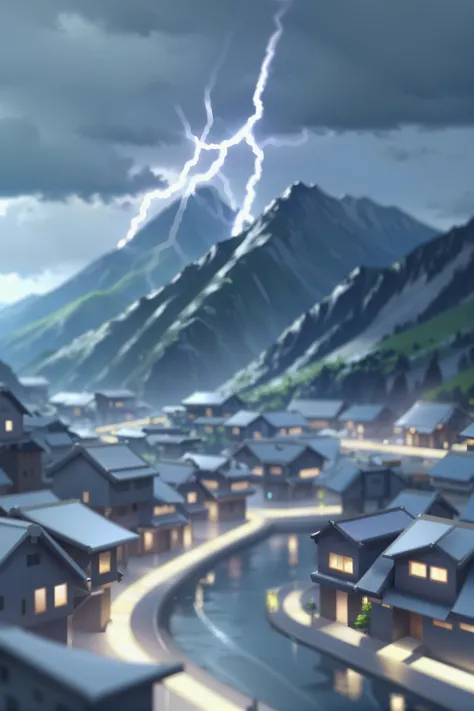 anime scenery of a town with a mountain in the background