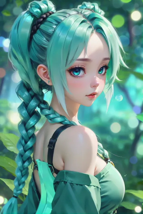 a girl with long green hair and blue eyes in a forest