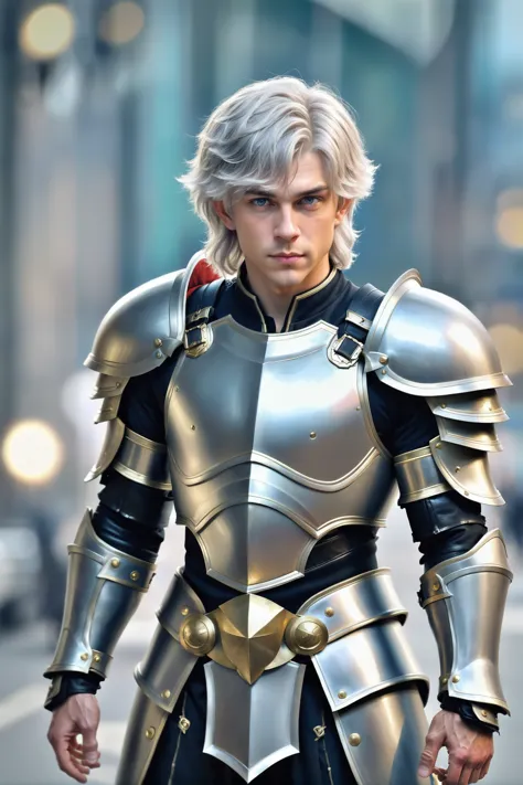 a close up of a person in a silver and black armor