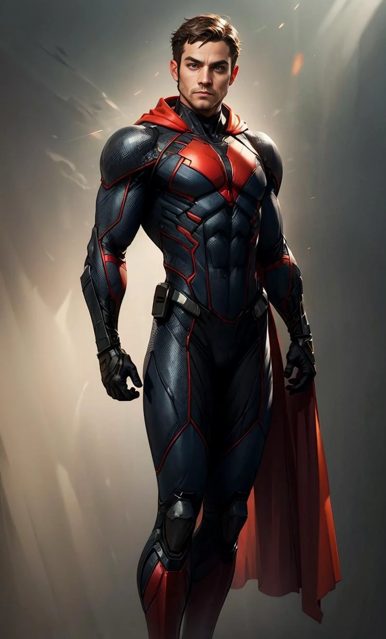 (ambient lighting:1.2), (volumetric lighting:1.2), (fine details:1.1), photorealistic, depth of field,
1 man,   ombre, superhero suit:2, hips, legs
focus on character, solo, ), solo, from front, front view,  detailed face,grey background, cape,armor