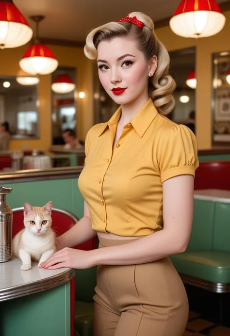 (medium full shot) of (stunning 1940s pin-up girl) young woman, chinese, pale skin, light brown eyes, average build, medium blon...