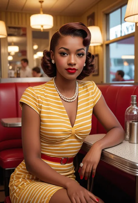 (medium full shot) of (stylish 1940s pin-up girl) young woman, black american, dark skin, brown eyes, medium build, short red st...