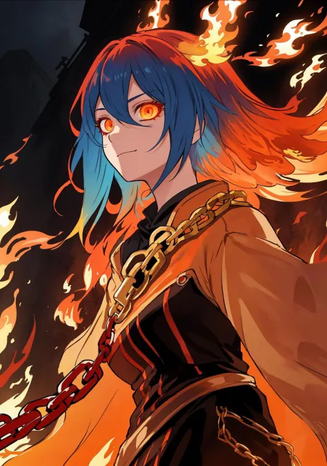 masterpiece, best quality, <lora:FlamingOrangeHairV1-000130:1>, OrFir, female, fiery_hair,  long_hair, blue_hair, orange_hair, fantasy, medieval, magic, powered_up, detailed_hair, intricate clothes, chains,  glowing_eyes, flaming_eye, smug, gradient_hair,