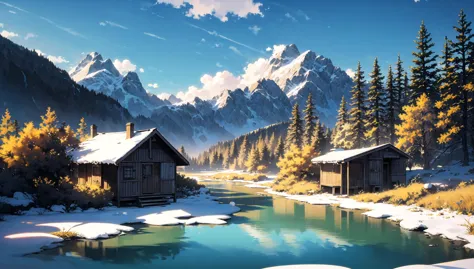 ((masterpiece:1.4,best quality)), cloud, outdoors, 
(mountains), spring glade, scenery, sky, winter, village, tree, pond, fishing hut
 high detail, abundant, 8k, high detail, wallpaper,