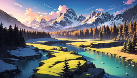 ((masterpiece:1.4,best quality)), cloud, outdoors, 
(mountains), spring glade, scenery, sky, winter, village, tree, river,
 high detail, abundant, 8k, high detail, wallpaper,