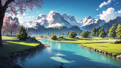 ((masterpiece:1.4,best quality)), cloud, outdoors, 
(mountains), spring glade, scenery, sky, winter, village, tree, river,
 high...