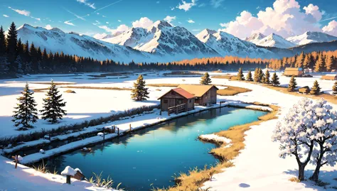 ((masterpiece:1.4,best quality)), cloud, outdoors, 
(mountains), spring glade, scenery, sky, winter, village, tree, pond, fishin...