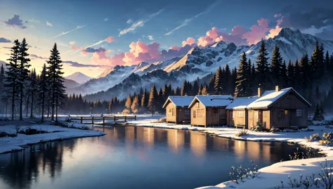 ((masterpiece:1.4,best quality)), cloud, outdoors, 
(mountains), spring glade, scenery, sky, winter, village, tree, pond, fishing hut
 high detail, abundant, 8k, high detail, wallpaper,