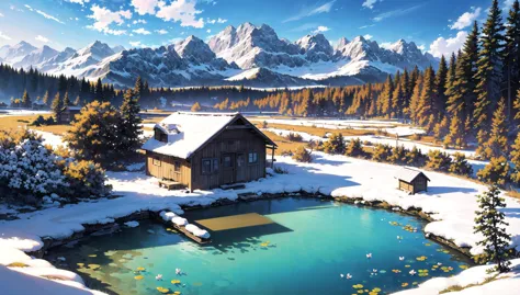 ((masterpiece:1.4,best quality)), cloud, outdoors, 
(mountains), spring glade, scenery, sky, winter, village, tree, pond, fishin...