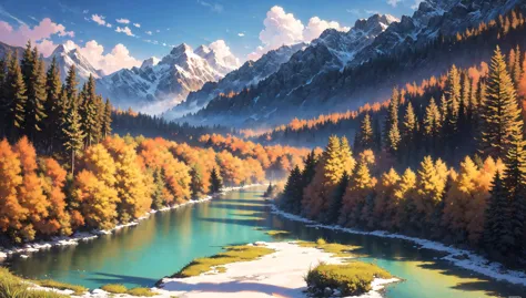 ((masterpiece:1.4,best quality)), cloud, outdoors, 
(mountains), spring glade, scenery, sky, winter, village, tree, river,
 high detail, abundant, 8k, high detail, wallpaper,
