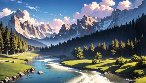 ((masterpiece:1.4,best quality)), cloud, outdoors, 
(mountains), spring glade, scenery, sky, winter, village, tree, river,
 high...