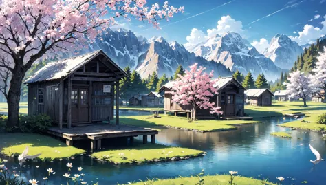 ((masterpiece:1.4,best quality)), cloud, outdoors, 
(mountains), spring glade, scenery, sky, winter, village, tree, pond, fishin...