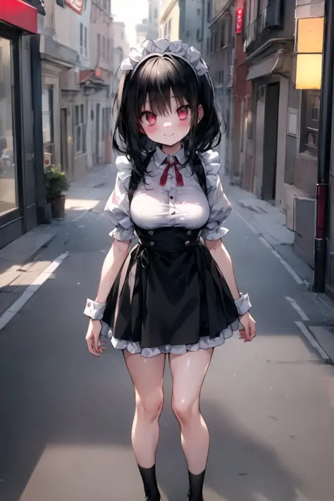 (masterpiece:1.2),best quality,perfect anatomy,best detailed,best background,
character focus,
cute girl,shiny skin,small eyes,large breasts,light smile,
lovely big eyes,cute eyes,(red eyes:1.4),(black hair:1.4),
maid shirt,maid skirt,
city,street,outdoors,
looking at viewer,full body,standing, 
BREAK