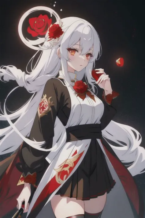 a woman with long white hair and a red rose in her hand