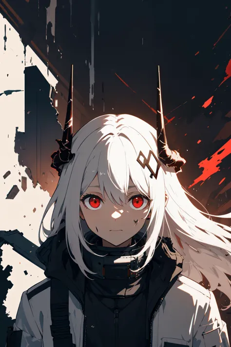 <lora:mudrock-03:0.7> mudrock, red eyes, white hair, horns, long hair, white jacket, infection monitor \(arknights\), upper body, portrait, (floating object:1.2), burnt object, (gas mask:0.5), (decrepit scenery:1.05), hard shadow, masterpiece, best quality, highres