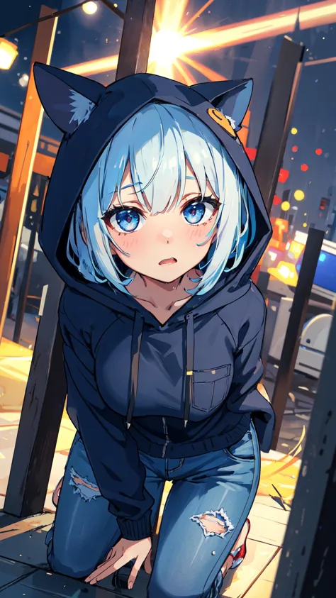 anime girl with blue hair and a hoodie standing on a sidewalk