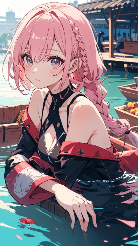 (high quality, best quality, 4k, 2k, (intricate:1.1), (high detail:1.3)), (Floating Market on a Calm River, depth of field), (official wallpaper, volumetric lighting, dynamic lighting),
1girl, solo, Raspberry pink hair, Ash gray eyes, medium breasts,
Messy Side Braid, Off-the-shoulder balloon sleeve top in a pastel hue., Faux leather leggings with a moto-style detail.,
Wide-eyed,
looking at viewer, laying down