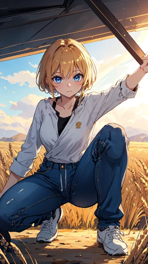 (high quality, best quality, 4k, 2k, (intricate:1.1), (high detail:1.3)), (Golden wheat fields stretching to the horizon, depth of field), (official wallpaper, volumetric lighting, dynamic lighting),
1girl, solo, Tan hair, Powder blue eyes, medium breasts,
Tousled Top with Taper Fade, Wrap-front blouse with a ruffled peplum hem., High-waisted denim jogger pants with a drawstring waist.,
Sarcasm,
looking at viewer, squatting