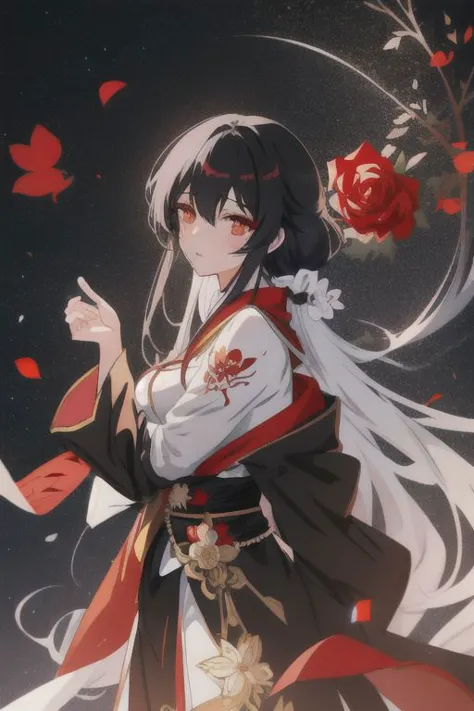 a woman in a kimono outfit holding a rose in her hand