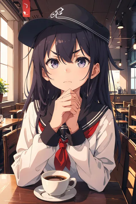 <lora:xiao:0.8> akatsuki, flat cap, serafuku, white shirt, long sleeves, pantyhose, restaurant, coffee cup, coffee, furrowed brow, face, solo, masterpiece, best quality, highres, <lora:GoodHands-vanilla:1> nice hands, perfect hands