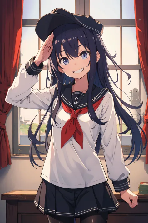 anime girl in a sailor outfit standing in front of a window