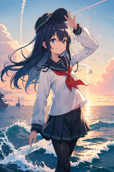 <lora:xiao:0.8> akatsuki, long hair, flat cap, serafuku, white shirt, long sleeves, pantyhose, waving, sea, contrail, smile, masterpiece, best quality, highres, <lora:GoodHands-vanilla:1> nice hands, perfect hands