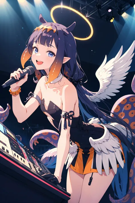 anime girl with angel wings and a microphone in front of a stage