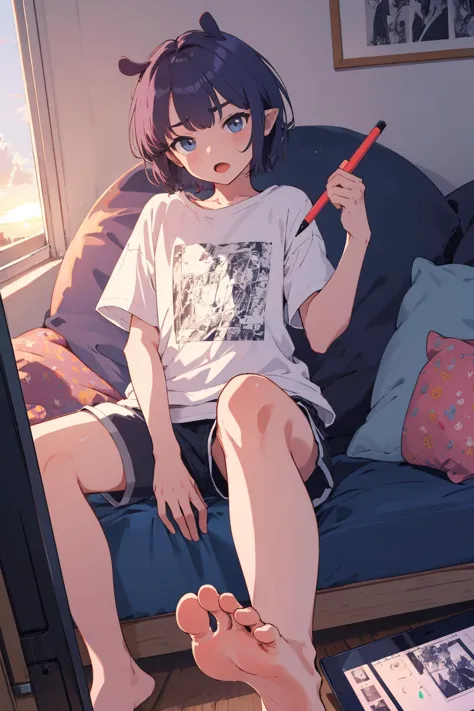 anime girl sitting on a couch with a red pen in her hand