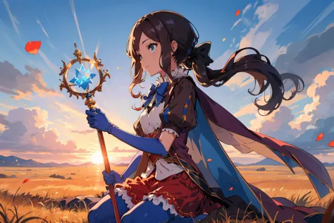 a woman sitting on the ground holding a wand in front of a sunset