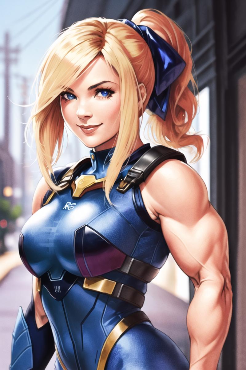 1girl, solo, samus aran, (blonde hair), ((blue eyes)), janrock - SeaArt AI