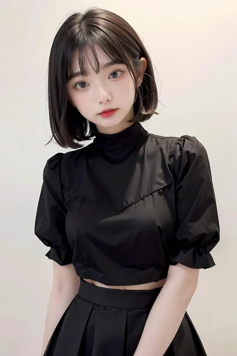 1girl,hair with bangs,black blouse and black skirt, ,white background,  <lora:_ttqueen-04:1>