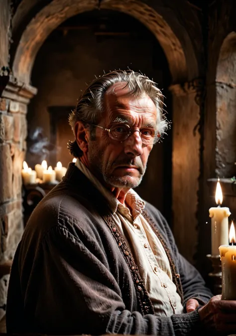 a close up of a man holding a lit candle in a room