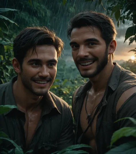 two men in the rain in a jungle with trees and plants