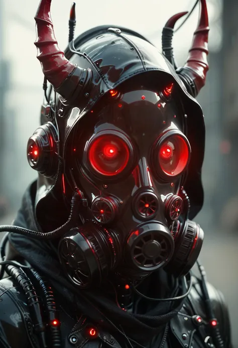 a close up of a person wearing a gas mask with horns