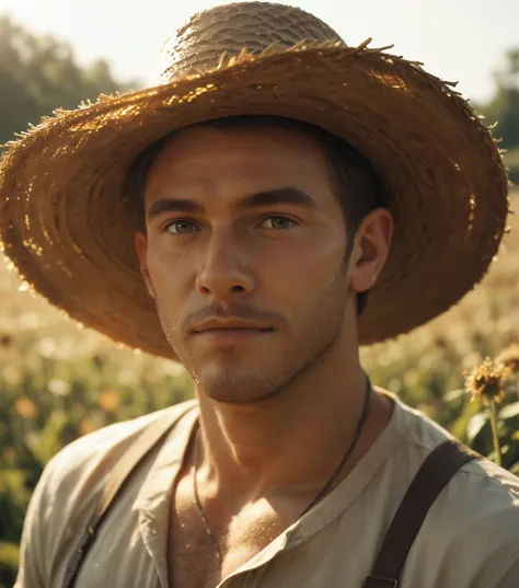 score_9, score_8_up, score_7_up, portrait of a man, farmer, tanned, straw hat, working in the fields, natural light, soft shadow...