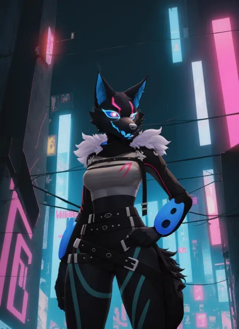 highwire, furry female anthro, wolf girl, standing, portrait, tranquil, solo, (body fur:1.2), (best quality), (cyberpunk city ba...