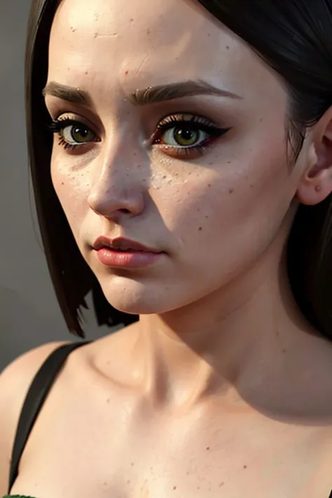 a close up of a woman with a green dress and a black top