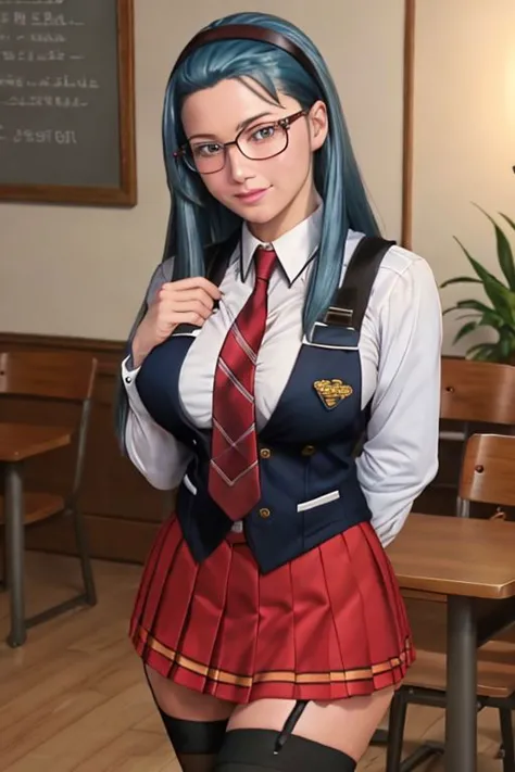 there is a woman with blue hair and glasses posing in a school uniform