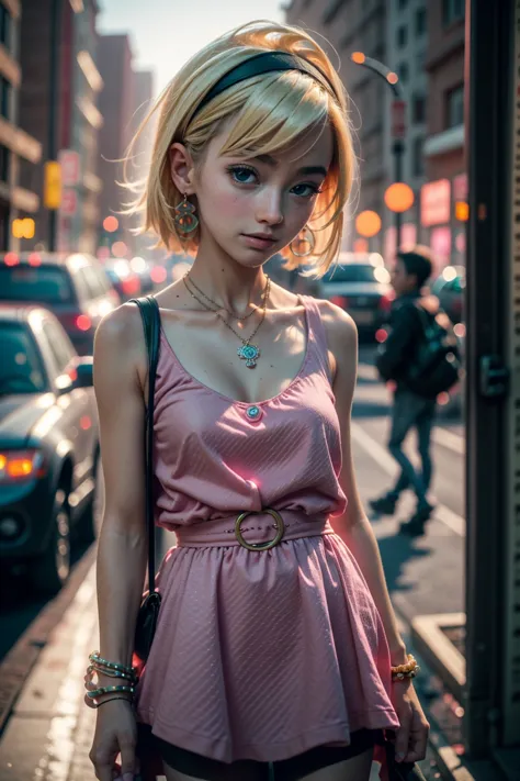 blond woman in pink dress standing on sidewalk in city