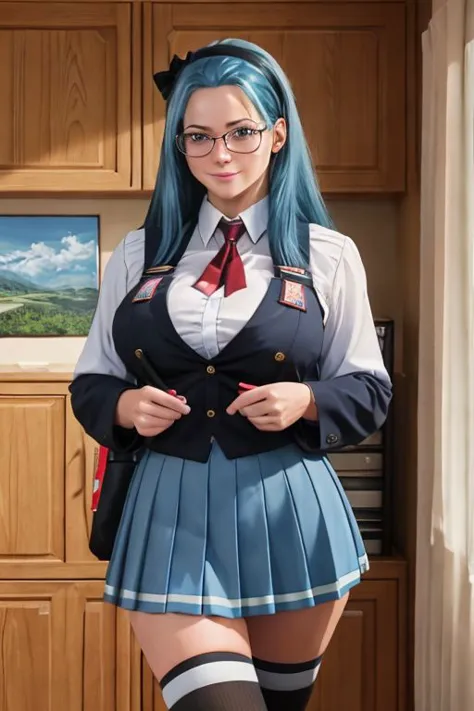 real, realistic, photorealistic, RAW photo, 8k uhd, dslr, soft lighting, high quality, film grain, Fujifilm XT3, FAP_BibleBlack_JunkoMochida_ownwaifu, very long hair, blue hair, hairband, large breasts, blue eyes, rimless glasses, partially unbuttoned white shirt, deep cleavage, (red skirt, pleated skirt), thighhighs, cowboy shot, smile, looking at viewer, mature woman, solo, curvy