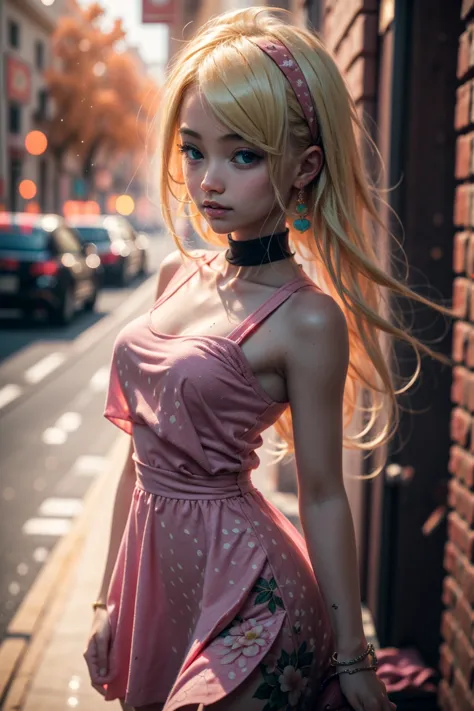 a close up of a woman in a pink dress standing on a street