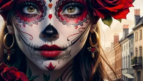 a close up of a woman with a face painted with roses