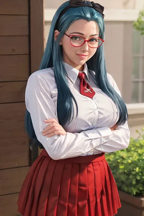 there is a woman with blue hair and glasses posing for a picture