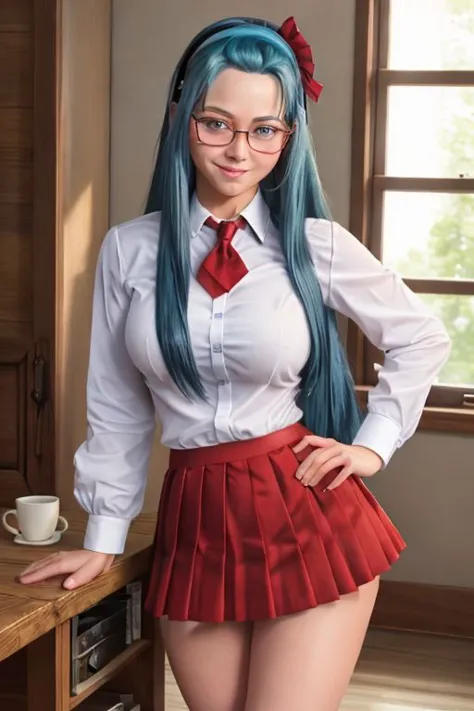 real, realistic, photorealistic, RAW photo, 8k uhd, dslr, soft lighting, high quality, film grain, Fujifilm XT3, FAP_BibleBlack_JunkoMochida_ownwaifu, very long hair, blue hair, hairband, blue eyes, rimless glasses, large breasts, white shirt, deep cleavage, partially unbuttoned, thighhighs, cowboy shot, smile, looking at viewer, mature woman, solo, curvy, (red pleated mini skirt:1.4),