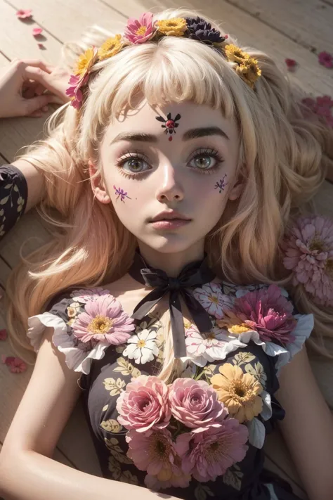 a close up of a woman laying on a wooden floor with flowers