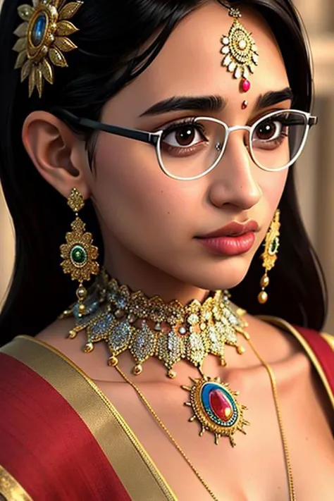 a woman wearing glasses and a necklace with a necklace and earrings