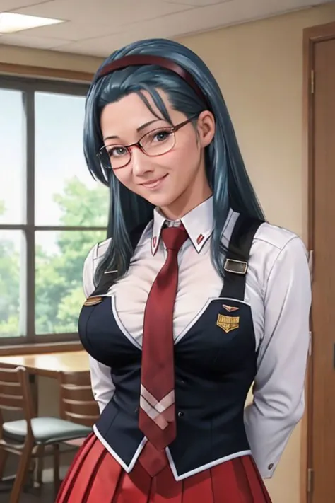 anime girl with blue hair and glasses in a school uniform