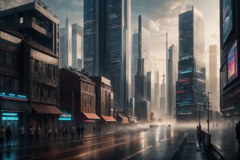 futuristic city with skyscrapers and people walking on a wet street